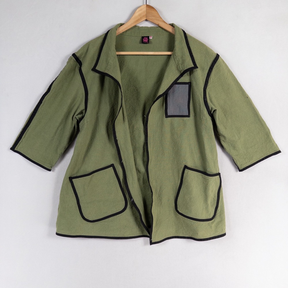 Cupcake International Jacket Topper Sz Medium Green Black Trim Open Front Artsy